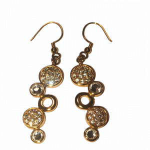 Vintage butler gold tone circles white stones dangle earrings 2.1”